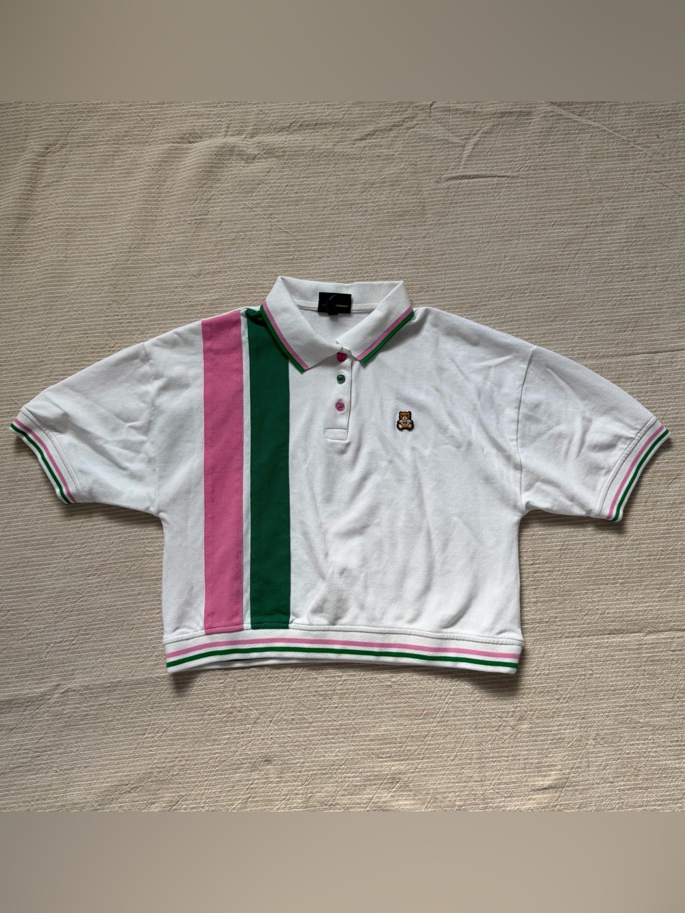 Teddy Fresh White Polo with Pink & Green Stripes and Custom Buttons